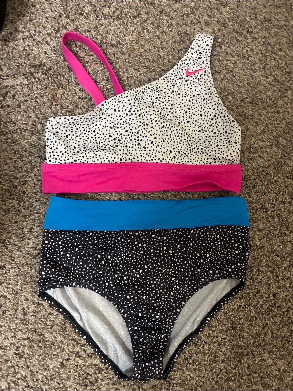 Nike Women’s One-Shoulder Spot Print Swim Set in Pink, Black & Blue